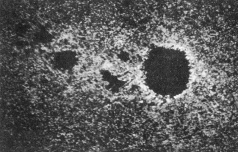 Фотография солнечной грануляции, полученная Жансеном с борта воздушного шара. Диаметр крупнейшего солнечного пятна, изображенного на снимке, равен приблизительно 10000 километров
