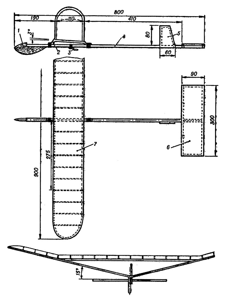 Рис. 21. Схематическая модель планера с усиленным крылом: 1 - груз; 2 - кабанчик; 3 - крючок; 4 - фюзеляж; 5 - киль; 6 - стабилизатор; 7 - крыло