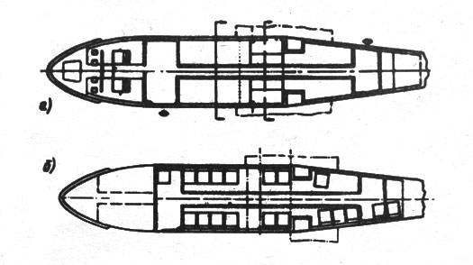 Два варианта оборудования самолета-амфибии CL-215: а - противопожарный вариант; б - пассажирский вариант (на 19 пассажиров)